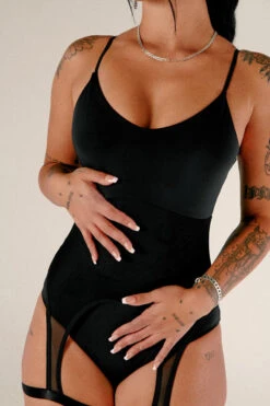 CXIX Baddies Garter Bodysuit - Onyx -Rad Store BaddiesGarterBodysuitBlackCloseUp 1