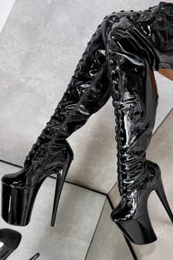 Hella Heels LipKit Thigh High Front Lace 9inch Boots - Black Beatle -Rad Store BlackBeatleThighHighFrontLace 9INCH3 1