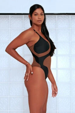 CXIX Silhouette One-Piece Bodysuit - Black With Cocoa Mesh -Rad Store Cocoa CXIX Shilouette Mesh bodysuit dance poledance
