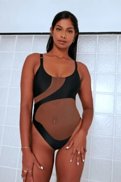 CXIX Silhouette One-Piece Bodysuit - Black With Cocoa Mesh -Rad Store Cocoa CXIX Shilouette Mesh bodysuit dancewear poledance