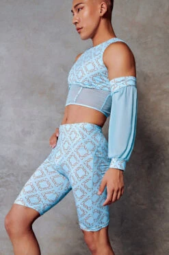 CXIX 119 Corset Top With Sleeves - Blue Print -Rad Store Corset top blue dancewear monogram fashion