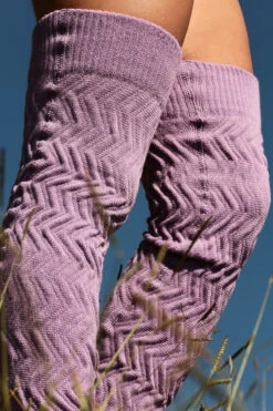 Rolling Cable Knit Thigh High Leg Warmers With Stirrups - Lavender -Rad Store Rolling 1993
