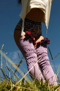 Rolling Cable Knit Thigh High Leg Warmers With Stirrups - Lavender -Rad Store Rolling 2035