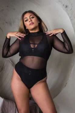 Tatiana Activewear Magnus Long Sleeve Bodysuit - Black Mesh -Rad Store TatianaActive BlackMockNeckMeshLongSleeveBacklessHighCutBodysuit 3773