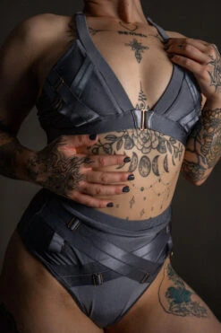 Tatiana Activewear Faye Top - Shiny Gunmetal 13 Tatiana Activewear Faye Top - Shiny Gunmetal -Rad Store TatianaActive FayeGunmetalGreyBlueMetallicHighWaistedPoleWearDancingSet 5935