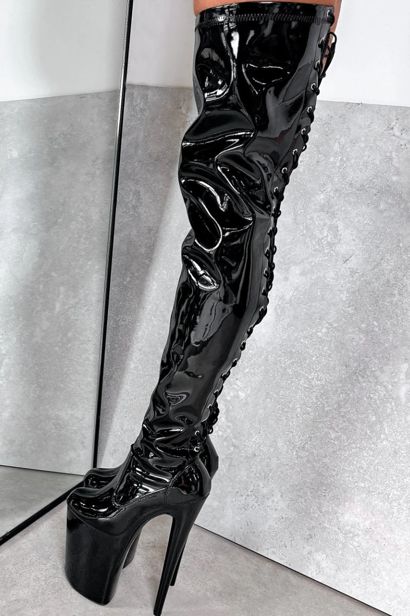 Hella Heels LipKit Thigh High Back Lace 9inch Boots - Black Beatle 4 Hella Heels LipKit Thigh High Back Lace 9inch Boots - Black Beatle - Image 2