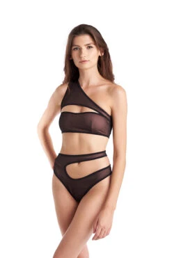 Hamade Activewear Mesh One Shoulder Top - Black/Sand